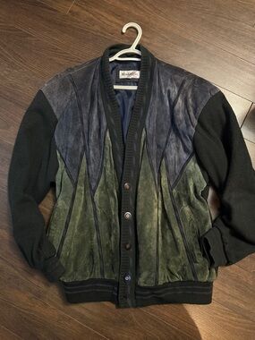 Vintage Two-Tone Green & Navy Suede Bomber Jacket